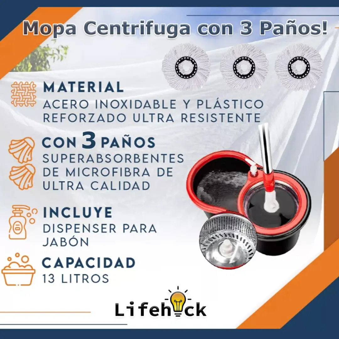 Mopa Giratoria 360° Centrifuga con Balde + 3 Paños Lampazo - Imagen 10